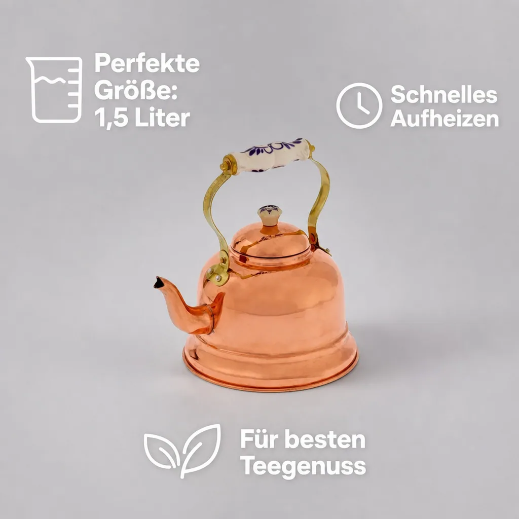 Wasserkessel, Teekessel - aus Kupfer, mit Porzellanhenkel, 1,5L