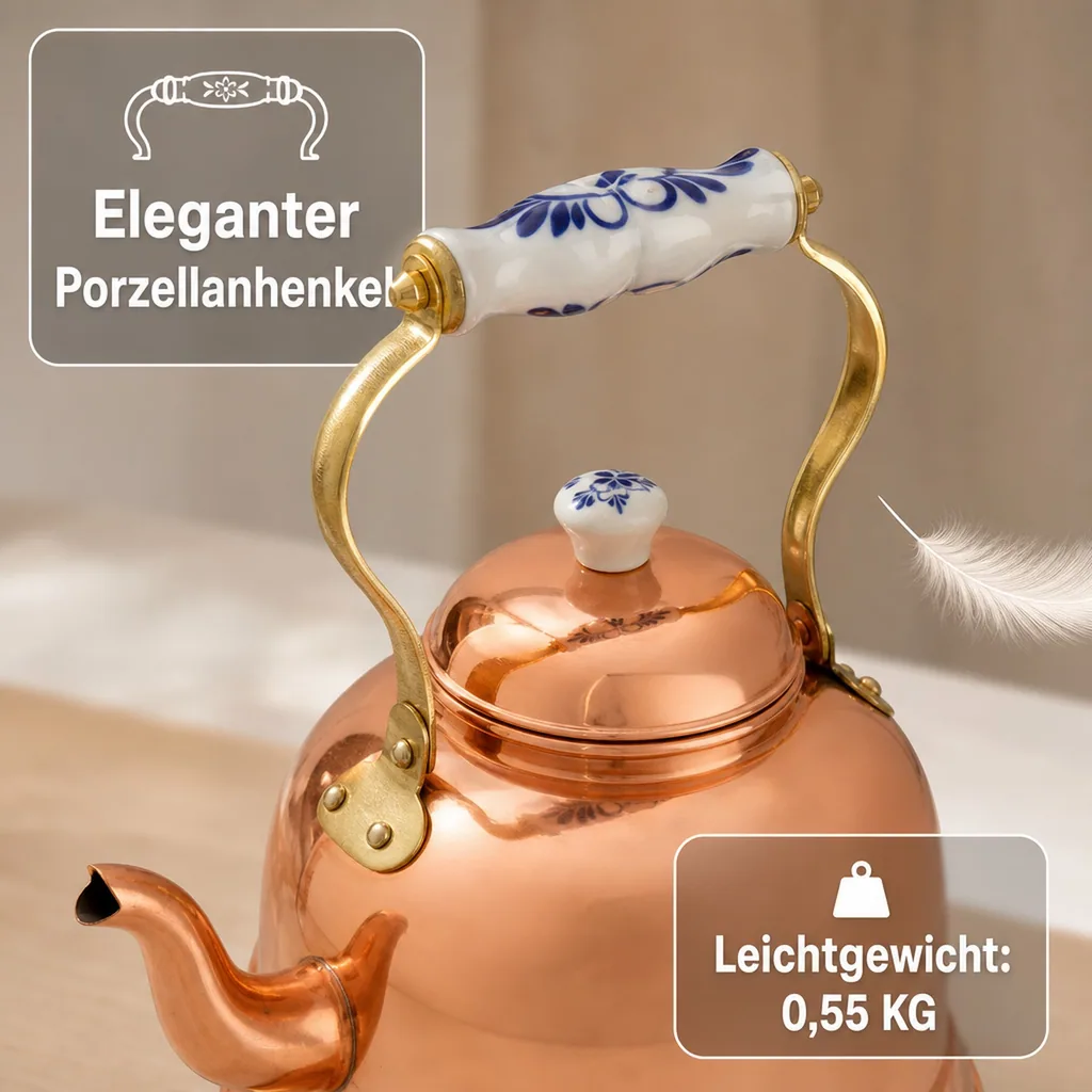 Wasserkessel, Teekessel - aus Kupfer, mit Porzellanhenkel, 1,5L
