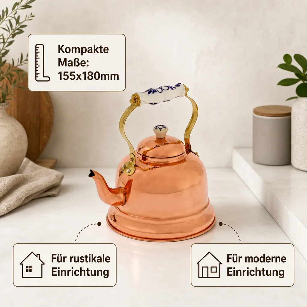 Wasserkessel, Teekessel - aus Kupfer, mit Porzellanhenkel, 1,5L