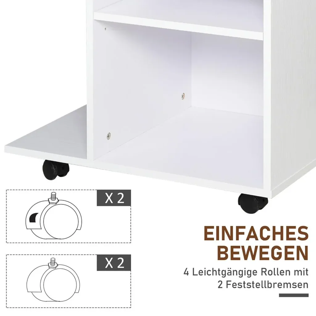 Druckertisch, Druckerständer, Bürowagen, Rollwagen mit Schublade+2 Ablagen+CPU-Ständer, Spanlatte, Weiß, 60 x 40 x 68,5