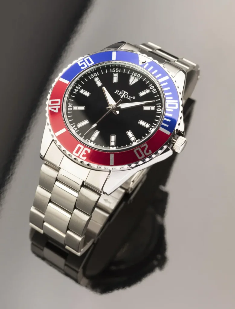 Herren-Armbanduhr, "Retox-Master" mit 2 farbiger Lünette und Edelstahlband, 3 bar wasserdicht