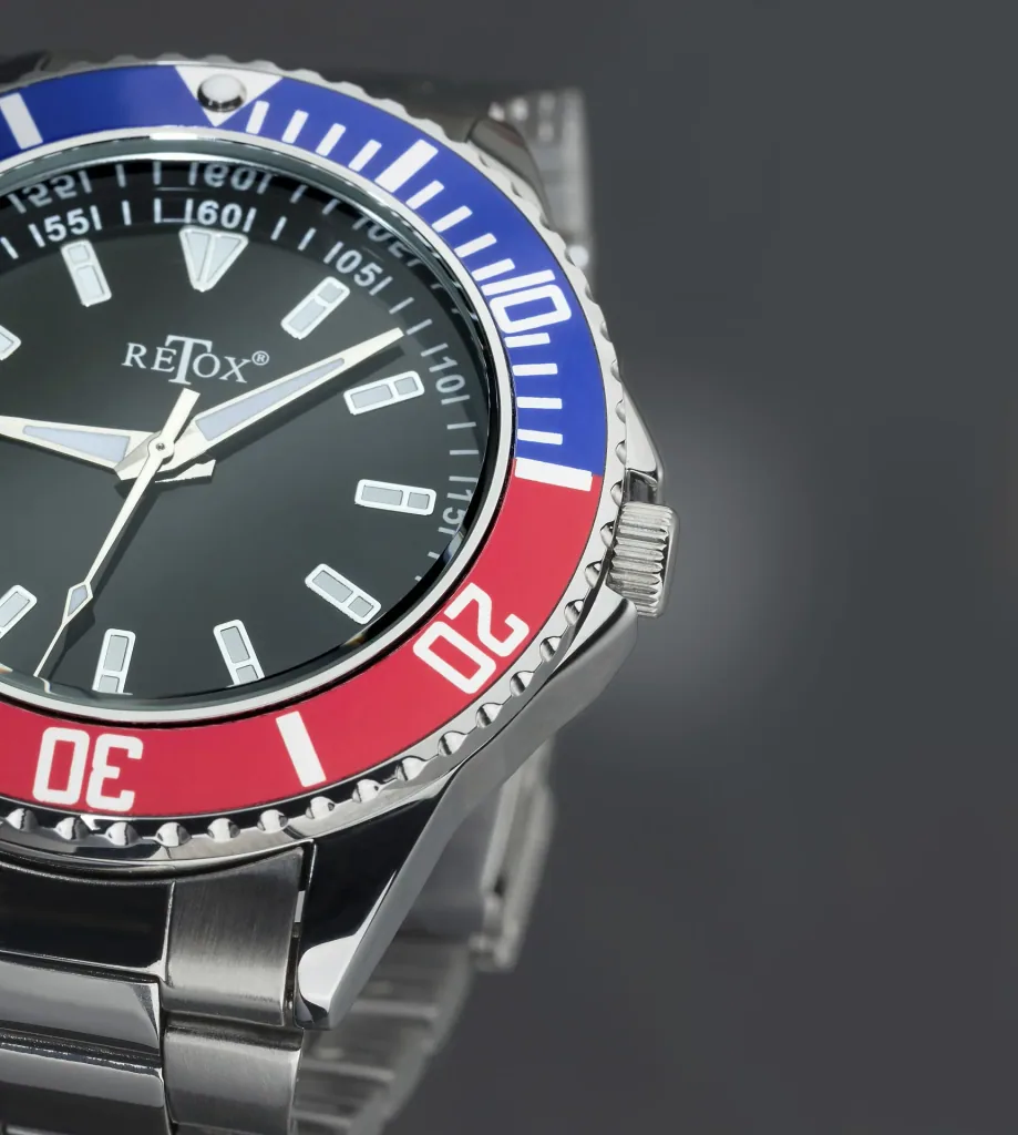 Herren-Armbanduhr, "Retox-Master" mit 2 farbiger Lünette und Edelstahlband, 3 bar wasserdicht