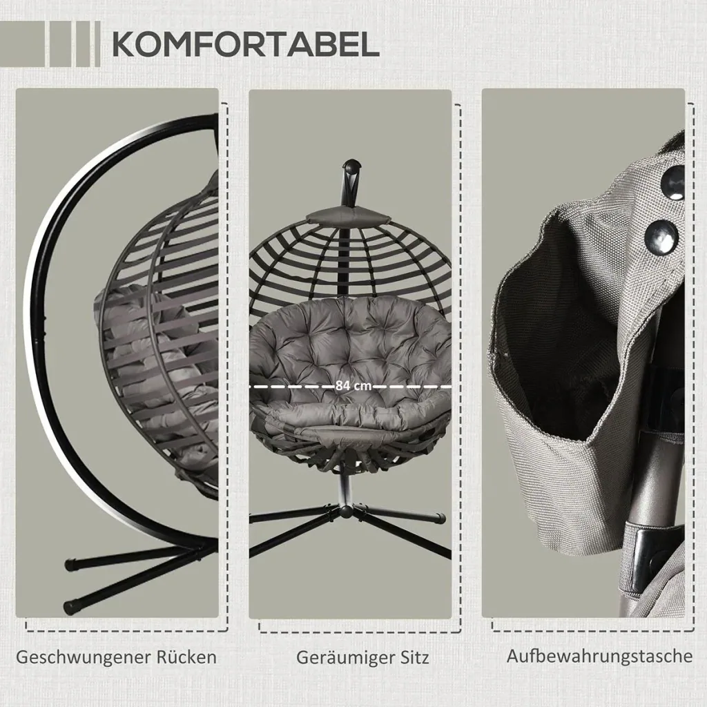 Hängesessel Hängekorb mit Gestell für 2 Personen Hängeschaukel Hängestuhl mit Kissen Korb faltbar Stahl 126 x 118 x 172