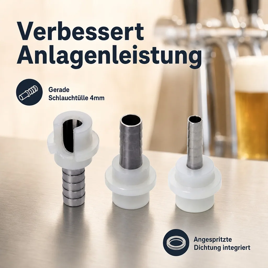 Schlauchtülle, Tülle Gerade für Bier oder CO2 Schlauch mit Angespritzter Dichtung, 4mm
