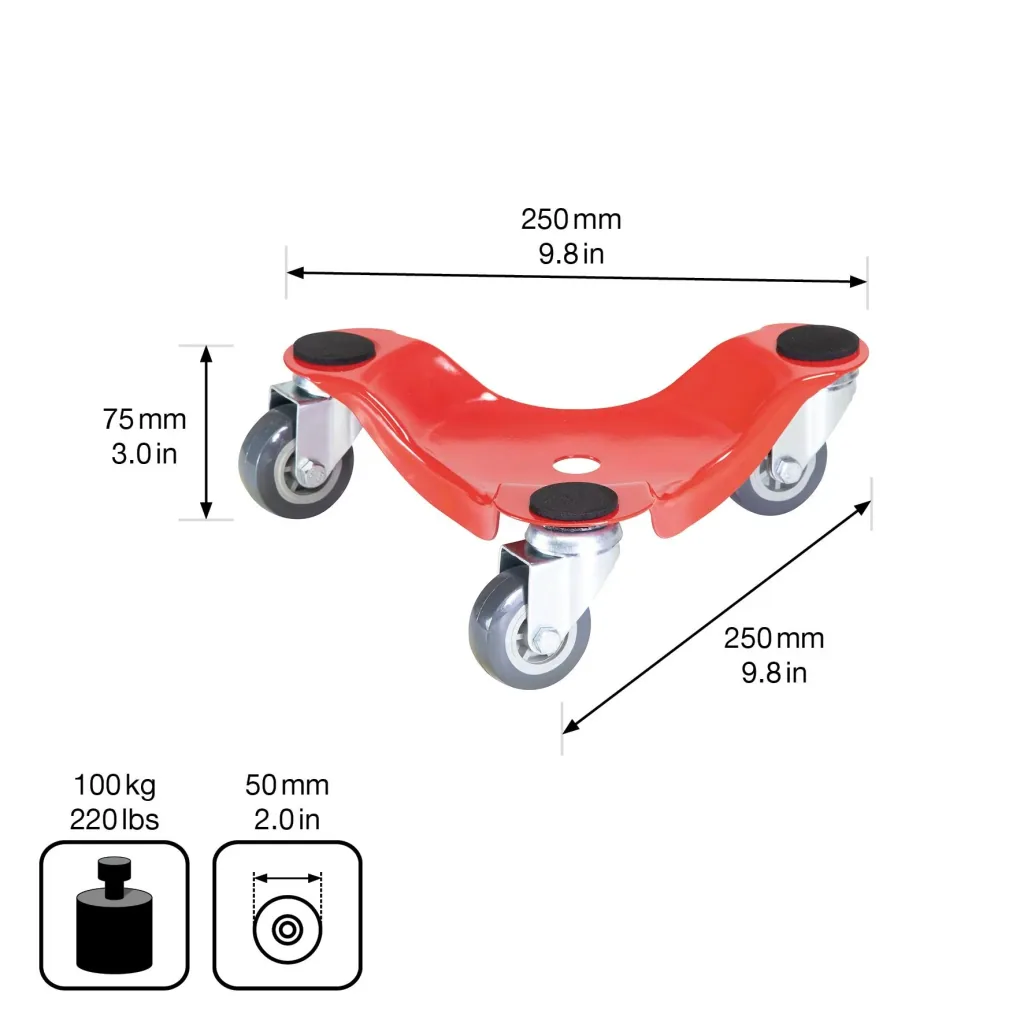 Transporthilfe MM 1196, 25 x 25 x 7,5 mm, softe Rollen Ø 50 mm, Stahl beschichtet, rot, Tragkraft 100 kg