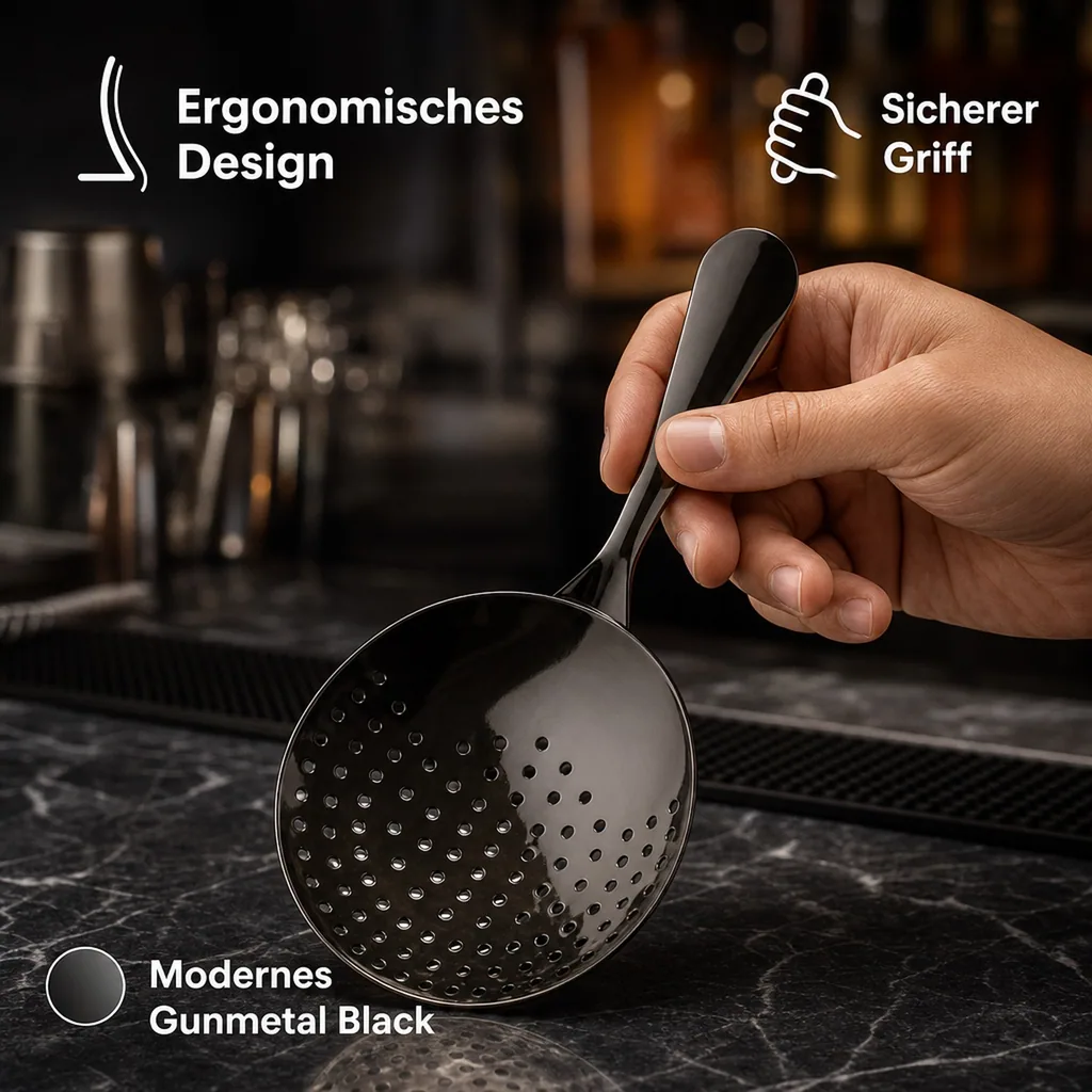 Julep Sieb, Julip Strainer - Edelstahl 304 - Gunmetal Black - Ergonomisches Barsieb