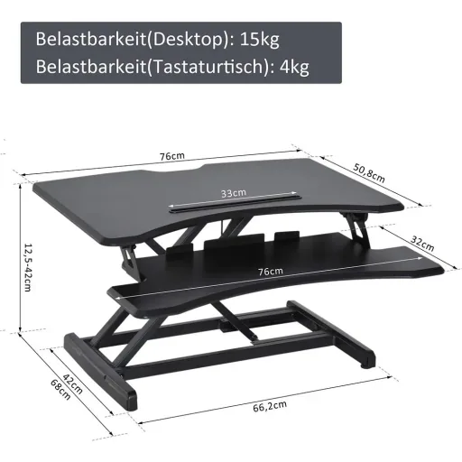 Höhenverstellbar Sitz-Steh-Schreibtisch Stehschreibtisch Schwarz L76 x B68 x H(12,5-42) cm
