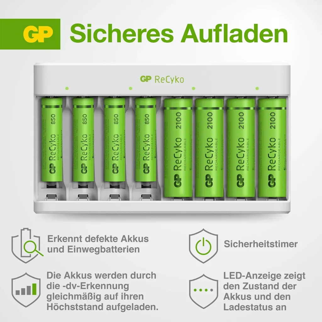 USB Ladegerät für 8 AA/AAA NiMH Akkus inkl. 4 ReCyko Mignon Akkus 2100 mAh + 4 ReCyko Micro Akkus 850 mAh