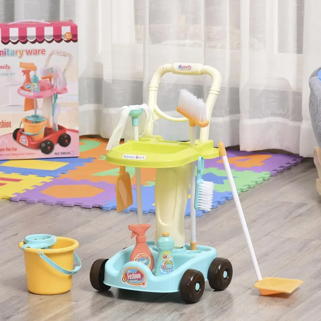 Besenwagen Putzwagen mit Zubehör Putzset für Kinder Rollenspiel Reinigungsspielzeug 17 Stück mit Besen Mopp Kehrschaufel