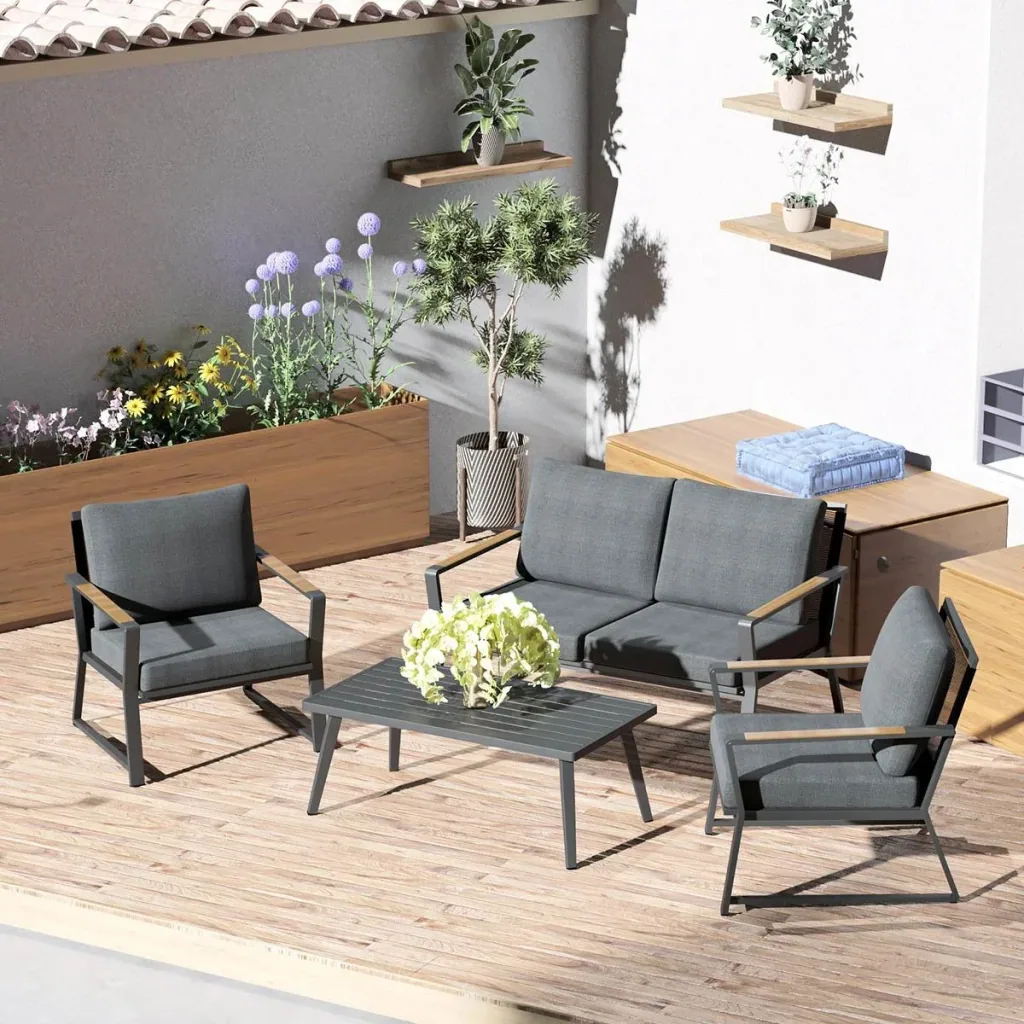 4-teiliges Gartenmöbel-Set mit Sofa, Stühlen und Beistelltisch dunkelgrau
