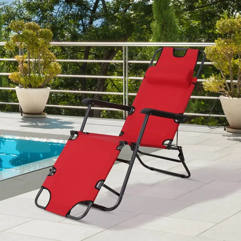 Sonnenliege mit Kissen, Klappbare Strandliege, 2-Stufige Gartenliege , 2-in-1 Relaxliege, Metall + Oxfordstoff, Rot 135