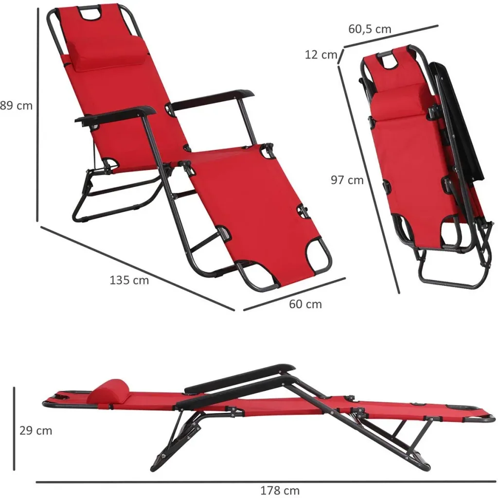 Sonnenliege mit Kissen, Klappbare Strandliege, 2-Stufige Gartenliege , 2-in-1 Relaxliege, Metall + Oxfordstoff, Rot 135