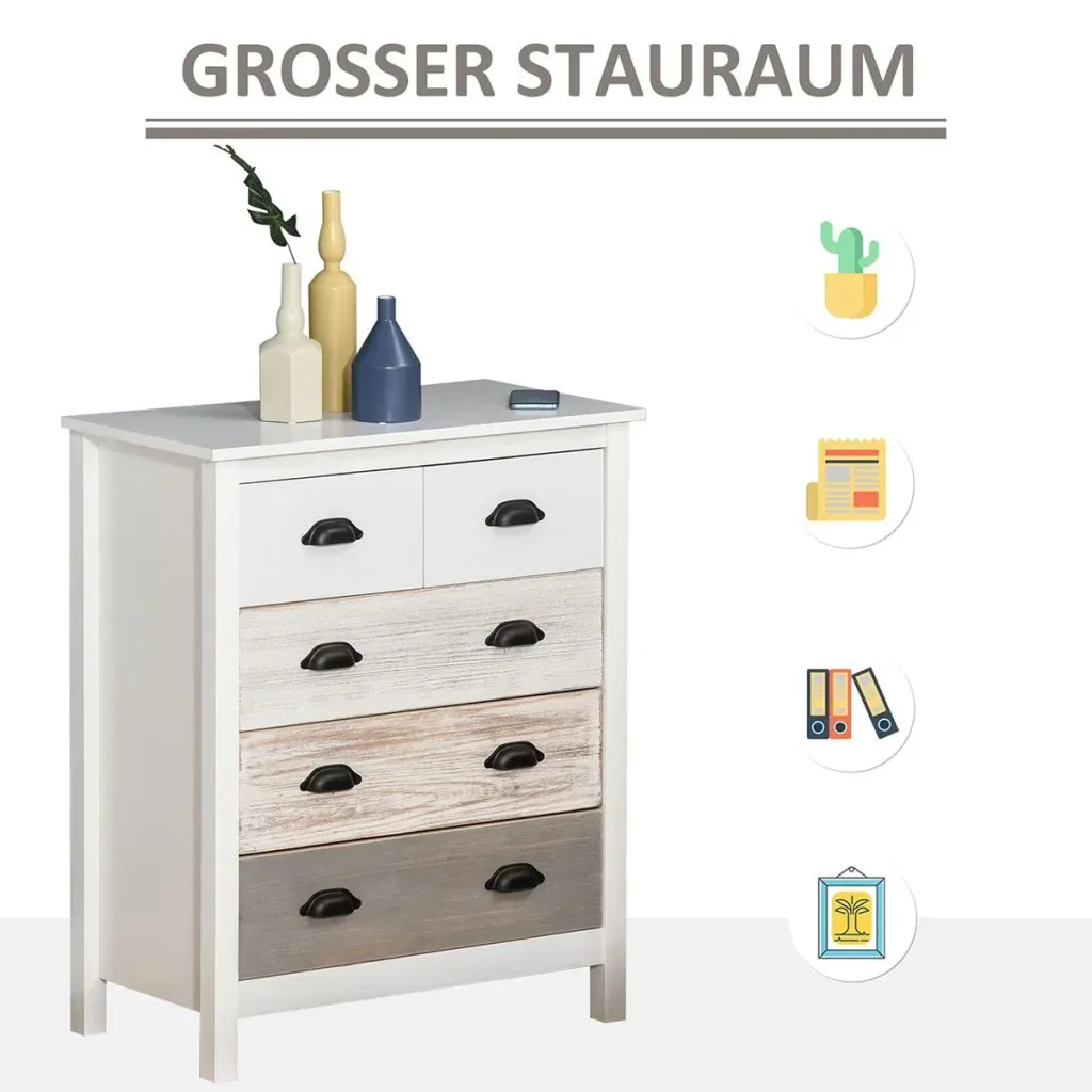 Schubladenschrank Beistellschrank mit 5 Schubladen Kommode MDF Tannenholz 70 x 38 x 85 cm
