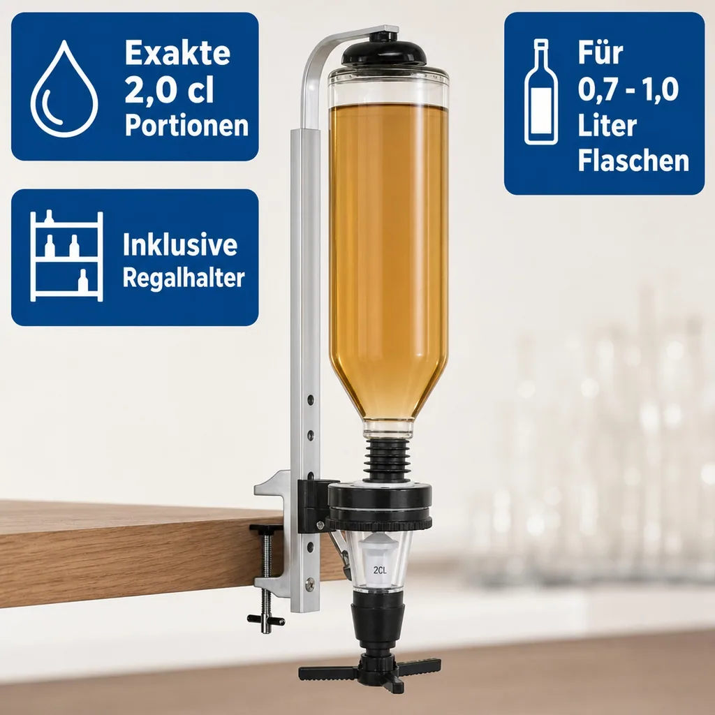PRIMA Portionierer 2,0 cl (20 ml) für Schnapsflaschen 0,7 - 1,0 Liter - Platzsparend mit Regalhalter