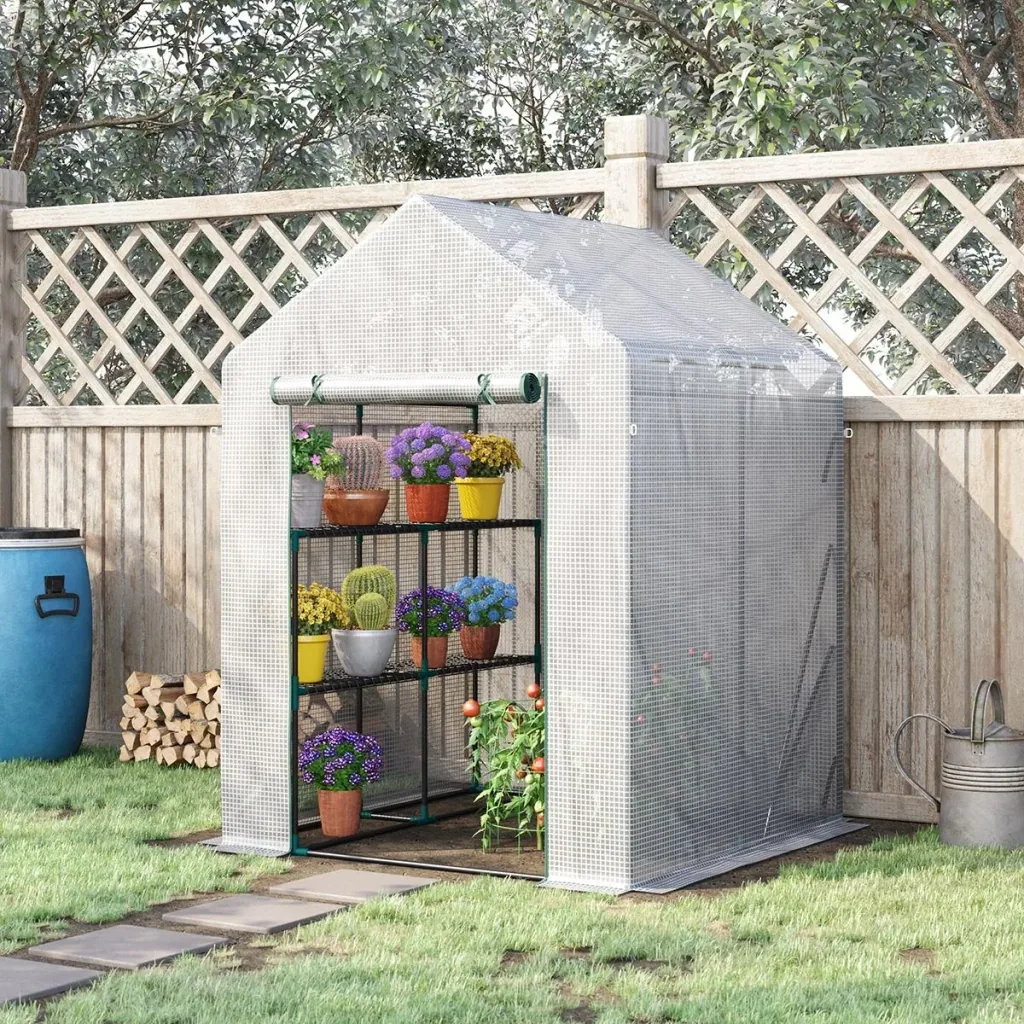 Begehbares Gewächshaus mit 4 Regalen Tomatengewächshaus Frühbeet mit Reißverschlusstüren weiß Stahl PE Kunststoff 143 x