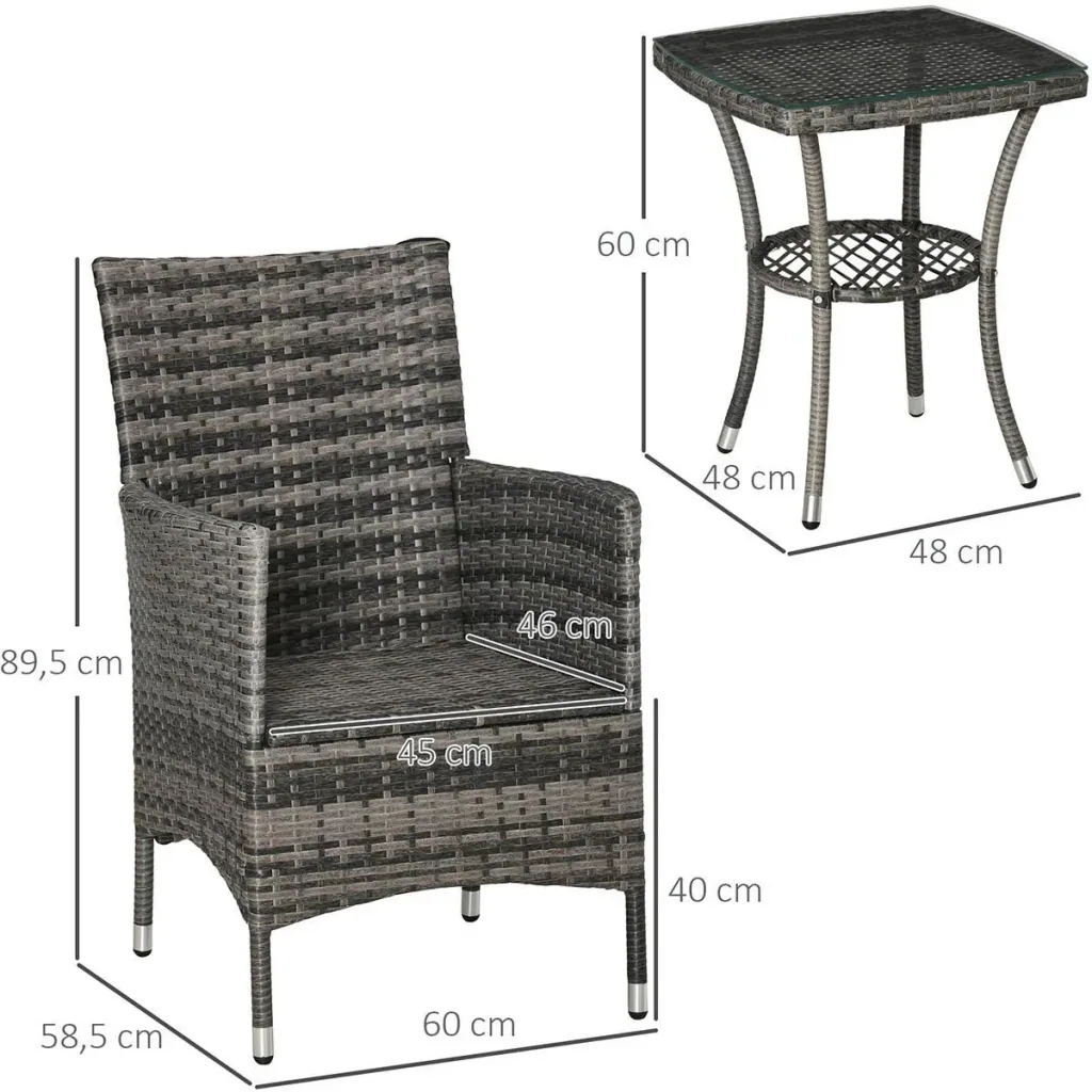 3-tlg. Garten-Set mit Beistelltisch, Polyrattan, Stahl, 60 x 58,5 x 89,5 cm, Grau