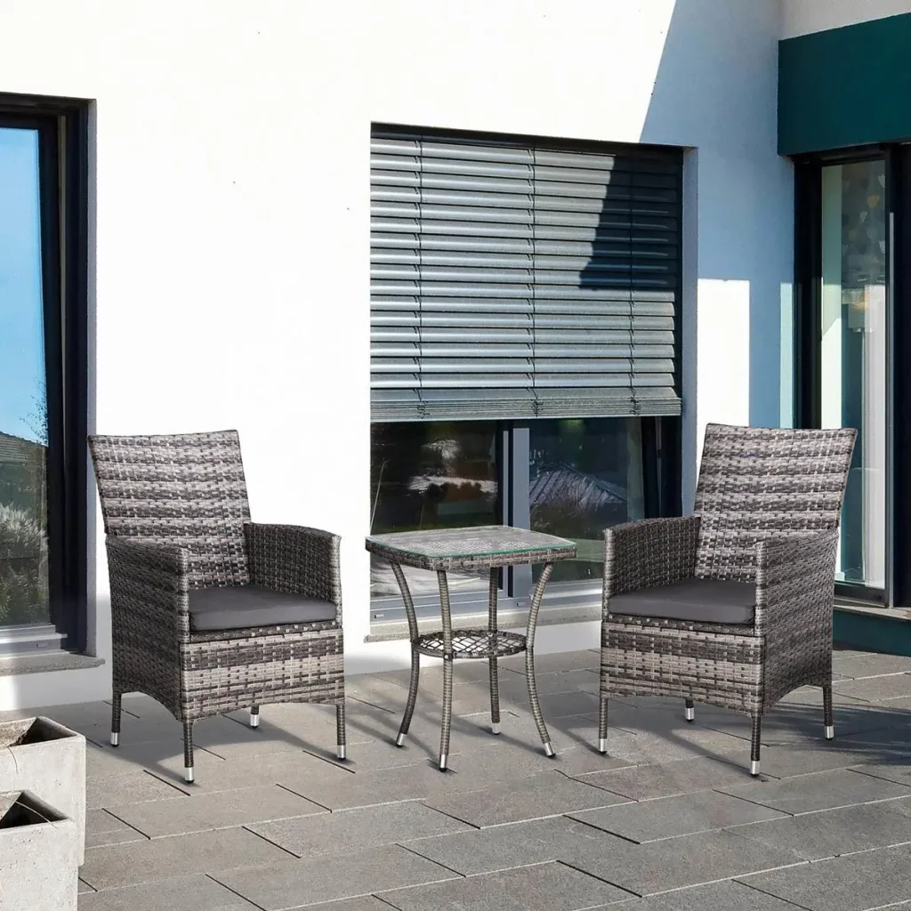 3-tlg. Garten-Set mit Beistelltisch, Polyrattan, Stahl, 60 x 58,5 x 89,5 cm, Grau