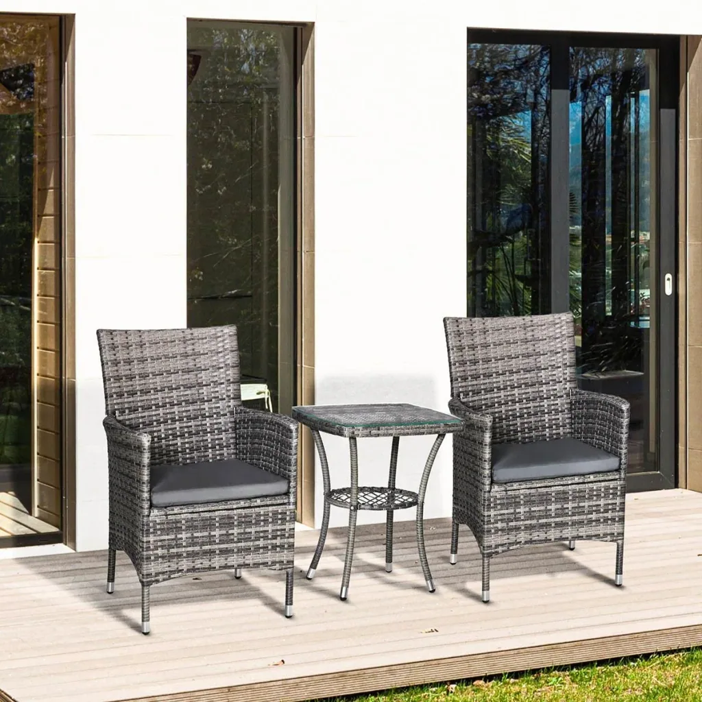 3-tlg. Garten-Set mit Beistelltisch, Polyrattan, Stahl, 60 x 58,5 x 89,5 cm, Grau