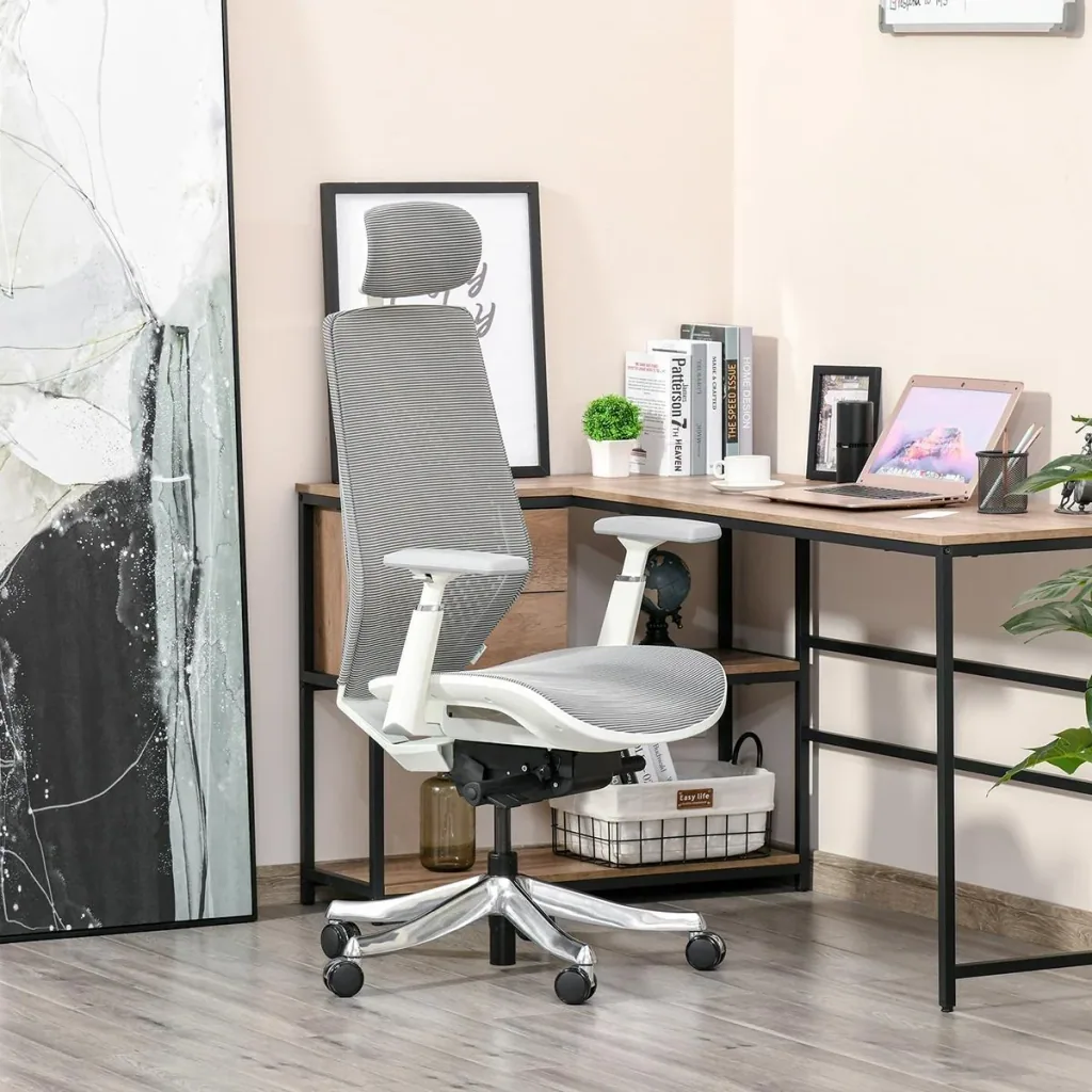 Bürostuhl Drehstuhl mit Kopfstütze Winkel einstellbar Hellgrau Schaumstoff Nylon Polyester 65 x 68 x 117-125 cm