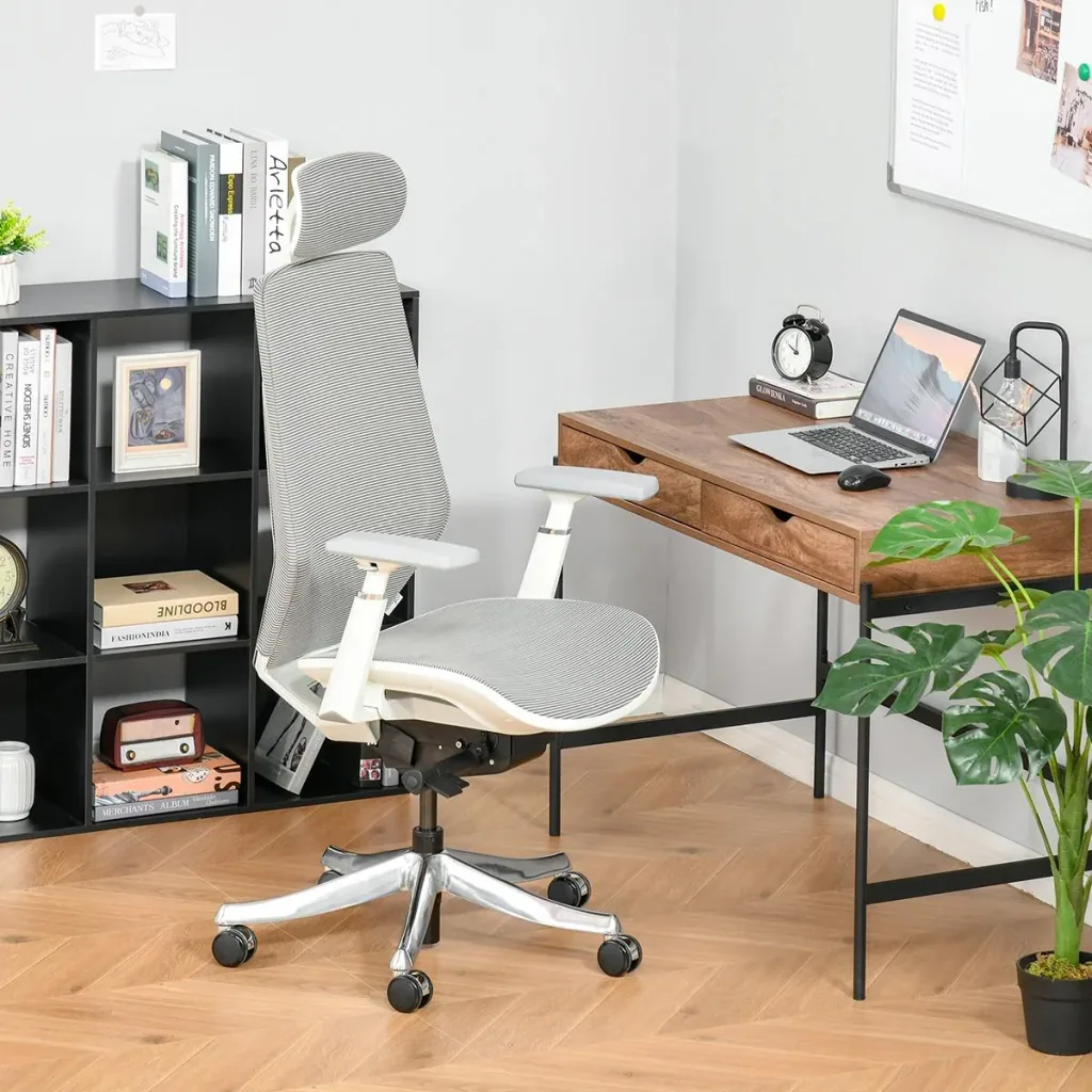Bürostuhl Drehstuhl mit Kopfstütze Winkel einstellbar Hellgrau Schaumstoff Nylon Polyester 65 x 68 x 117-125 cm
