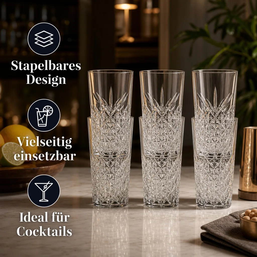 Longdrinkgläser, Trinkgläser (6 Stück, 470ml) Timeless - Zeitlose Eleganz & Stapelbar - Für Cocktails & mehr