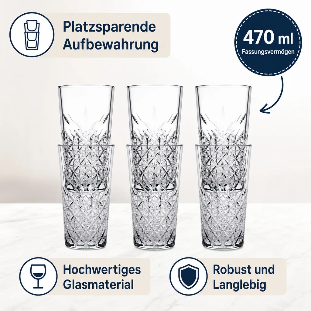 Longdrinkgläser, Trinkgläser (6 Stück, 470ml) Timeless - Zeitlose Eleganz & Stapelbar - Für Cocktails & mehr