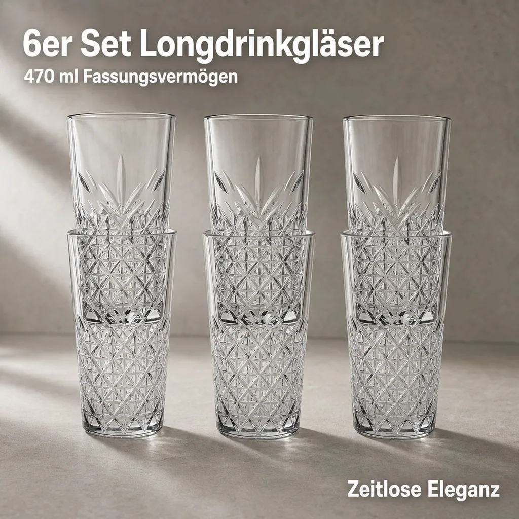 Longdrinkgläser, Trinkgläser (6 Stück, 470ml) Timeless - Zeitlose Eleganz & Stapelbar - Für Cocktails & mehr