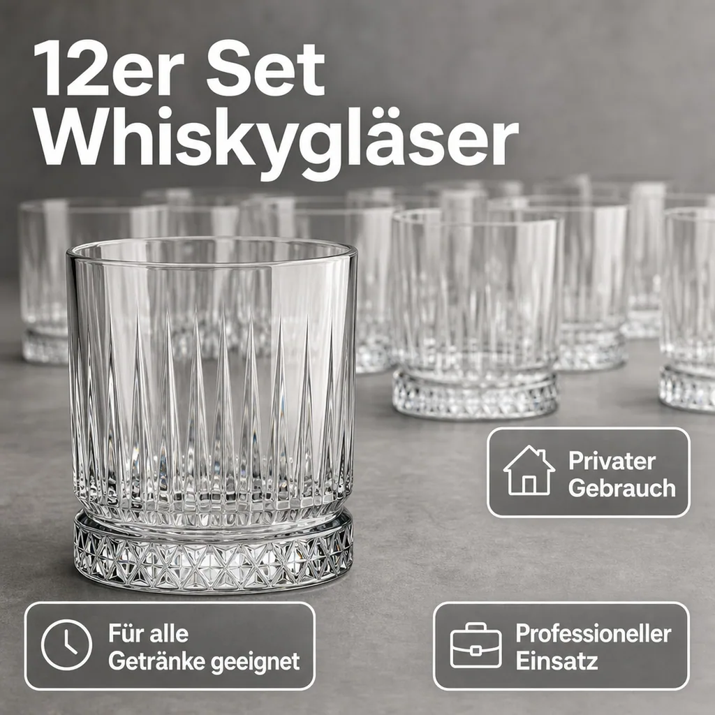 Whiskygläser, Whiskybecher - Elysia, 12er-Set, Stilvolle Gläser für Whisky & mehr, 210ml