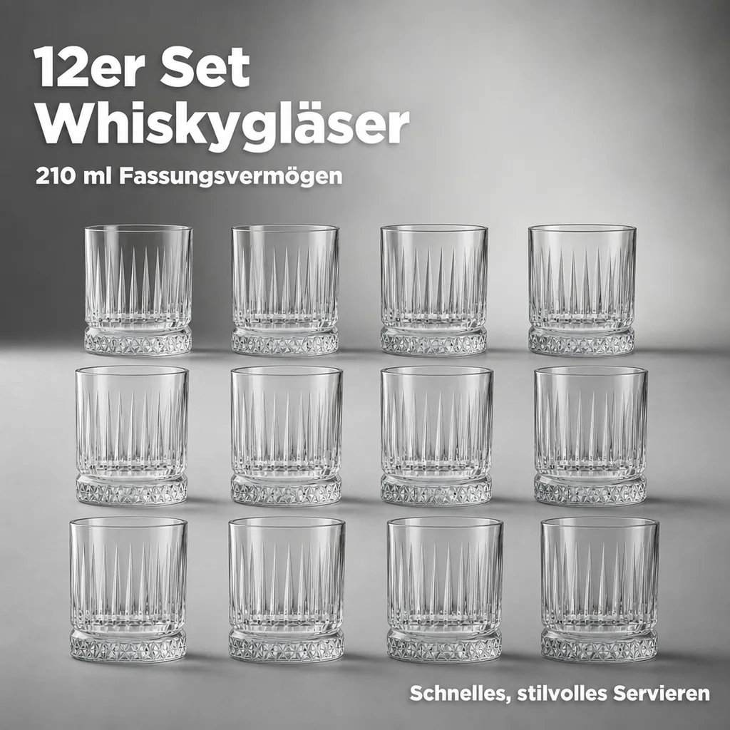 Whiskygläser, Whiskybecher - Elysia, 12er-Set, Stilvolle Gläser für Whisky & mehr, 210ml