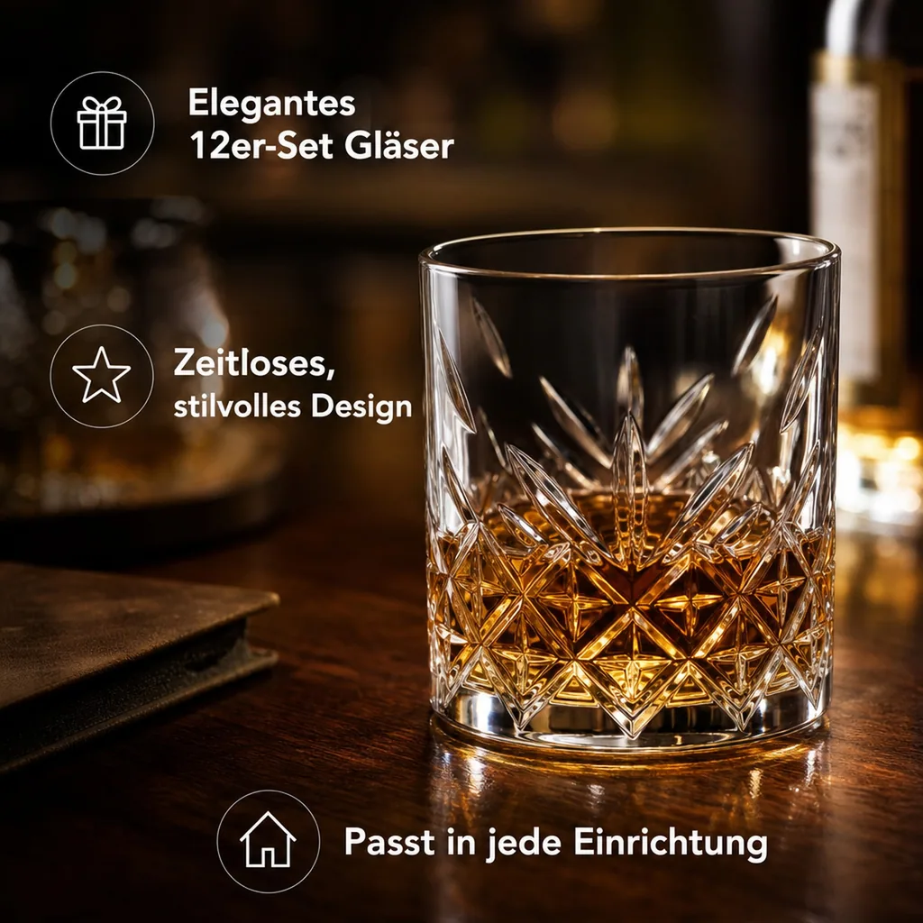 Whiskygläser, Whiskybecher - Timeless, 12er-Set, Stilvolle Gläser für Whisky & mehr, 205ml