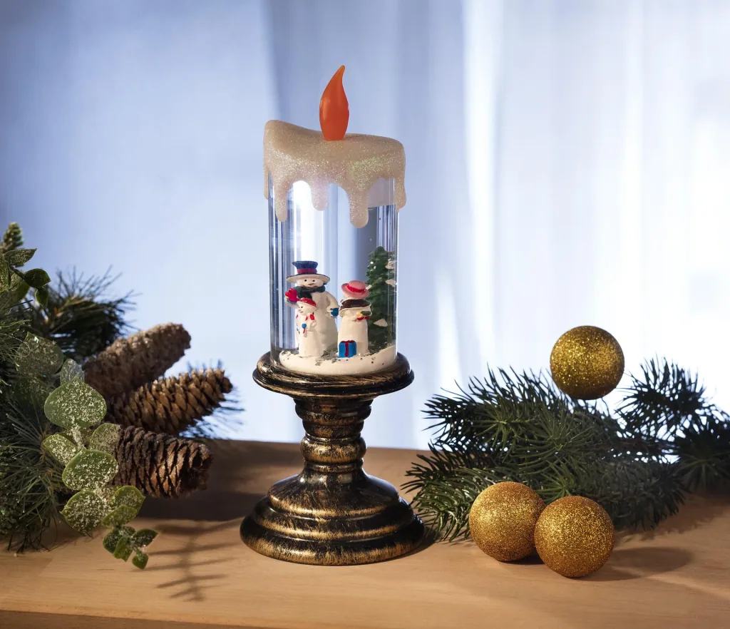 LED Glitter Weihnachtskerze mit Schneemann Motiv