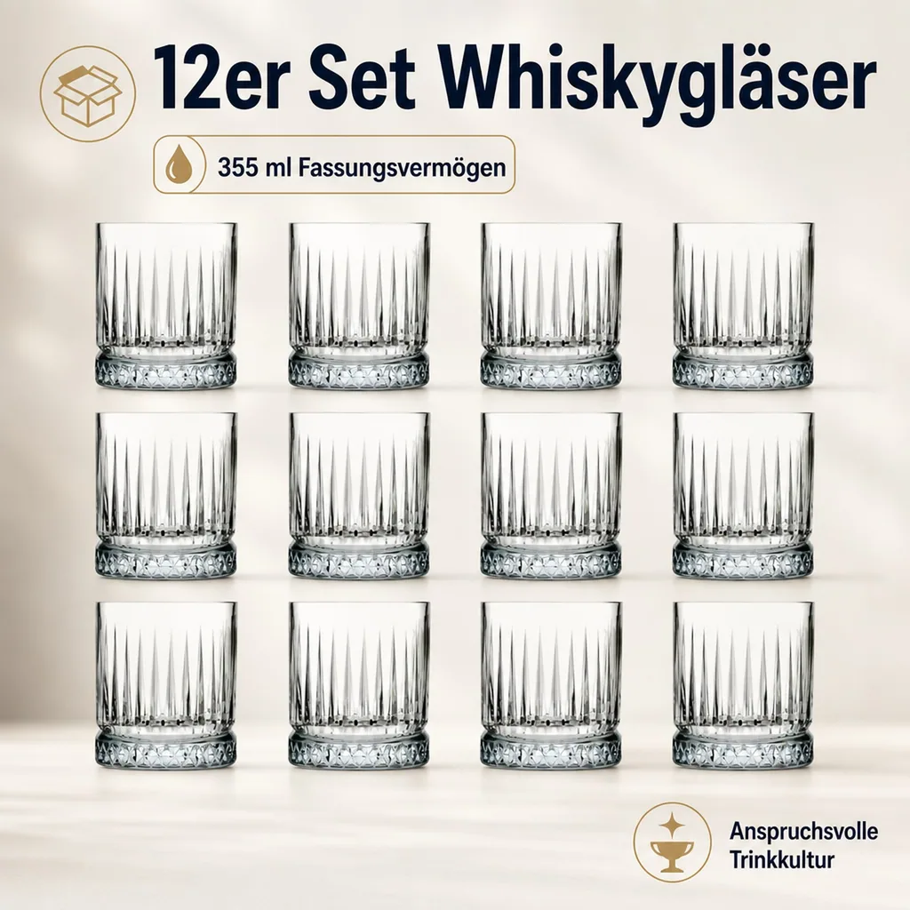 Whiskygläser, Whiskybecher - Elysia, 12er-Set, Stilvolle Gläser für Whisky & mehr, 355 ml