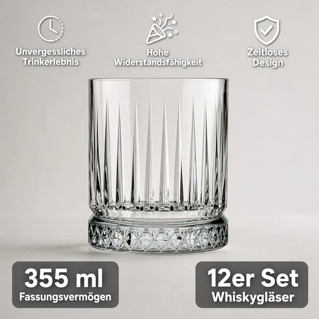 Whiskygläser, Whiskybecher - Elysia, 12er-Set, Stilvolle Gläser für Whisky & mehr, 355 ml