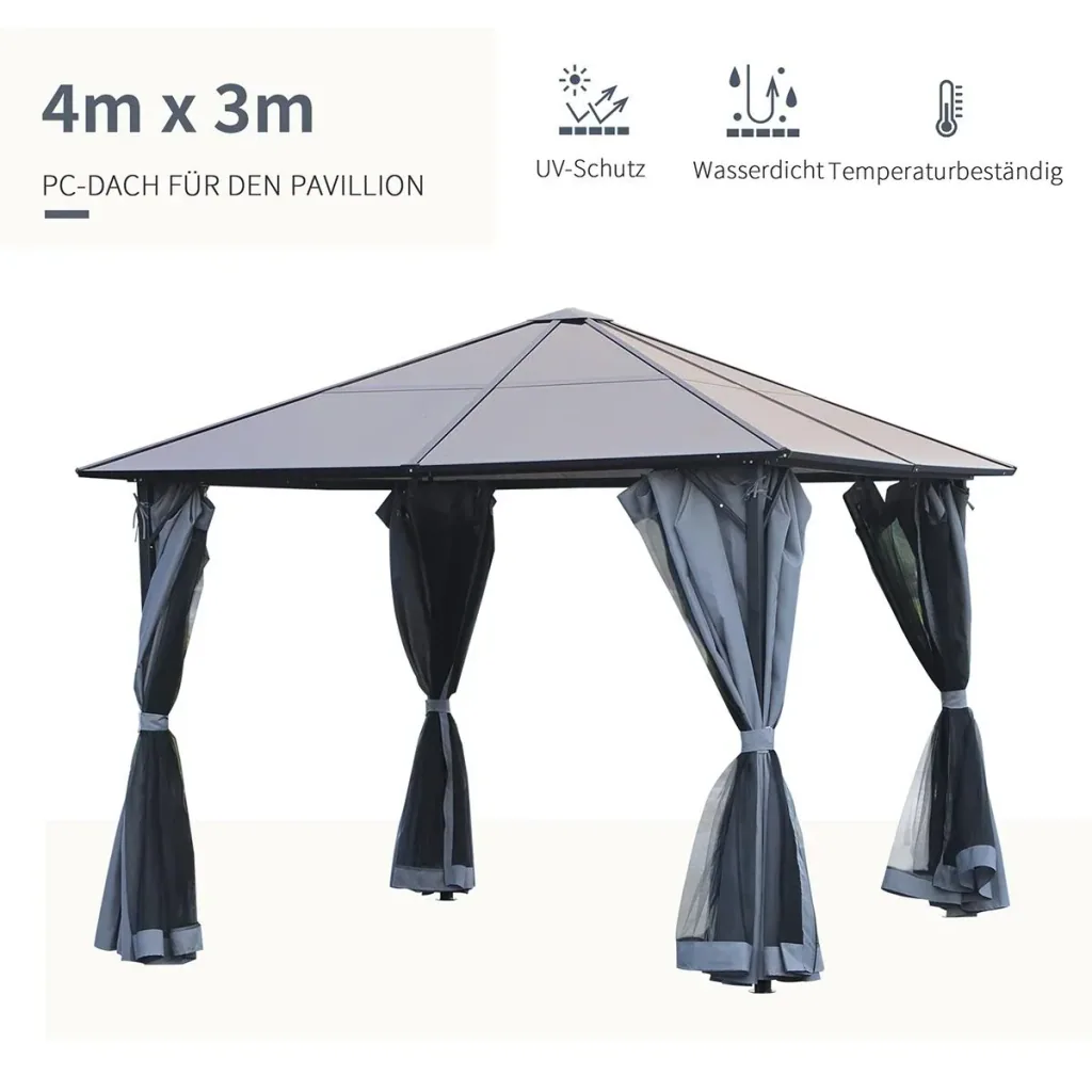 Pavillon 3 x 4m Gartenpavillon Partyzelt mit Seitenteilen PC Dach Alu Dunkelgrau