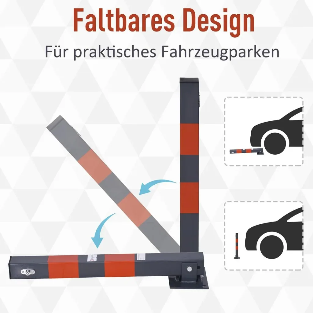 Parkplatzsperre, Zusammenklappbare Parkpfosten, Manueller Sperrpfosten mit Roten Warnstreifen, 3 Schlüssel, Stahl