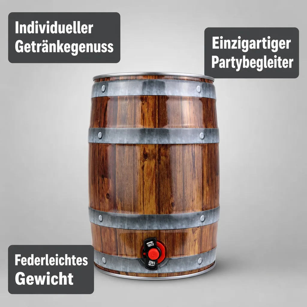 5L Partyfass mit Zapfhahn, Holzoptik