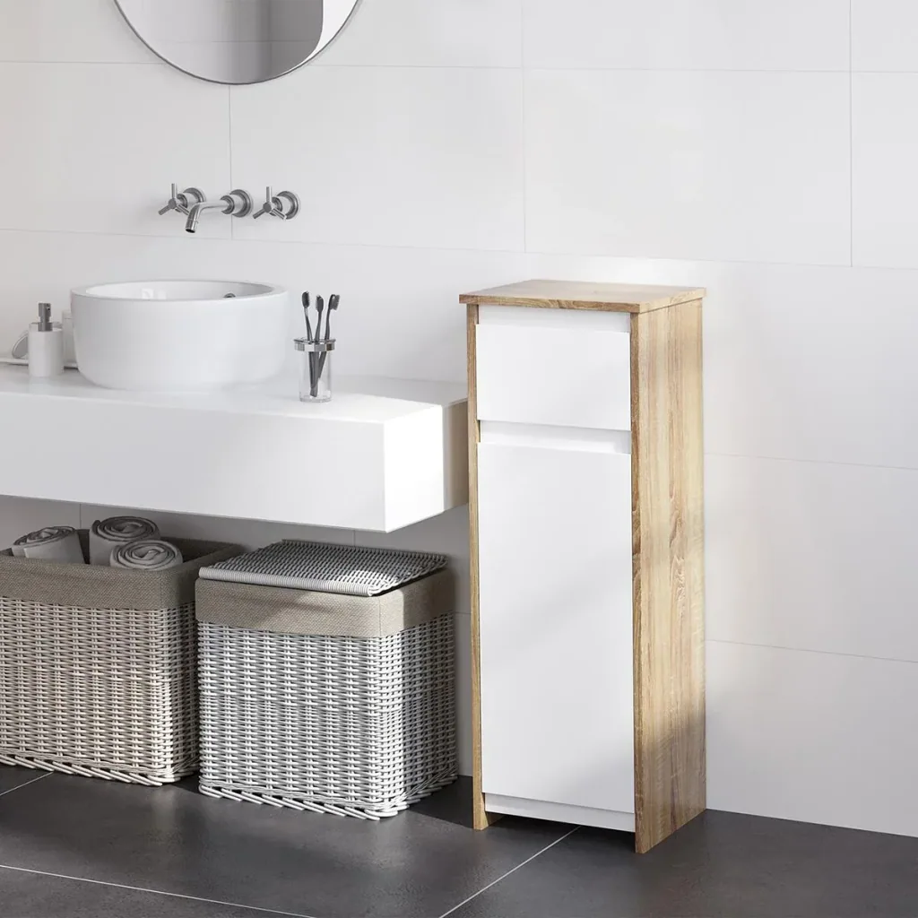 Badschrank Badkommode Badezimmerschrank Badregal Standschrank mit 2-stufigen Schrank und 1 Schublade Umschlagdesign plat