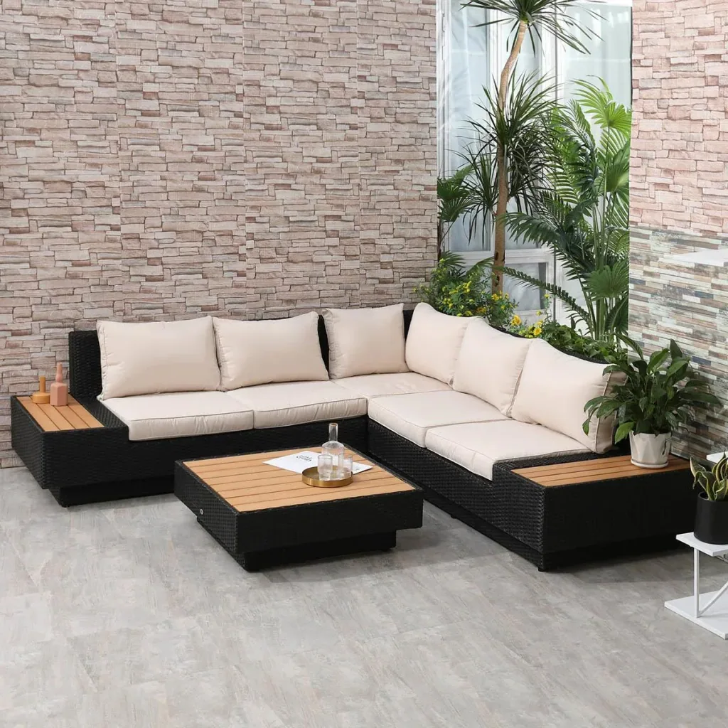 Luxus-Gartenset mit Regalen 4-teilig PE Rattan Schwarz