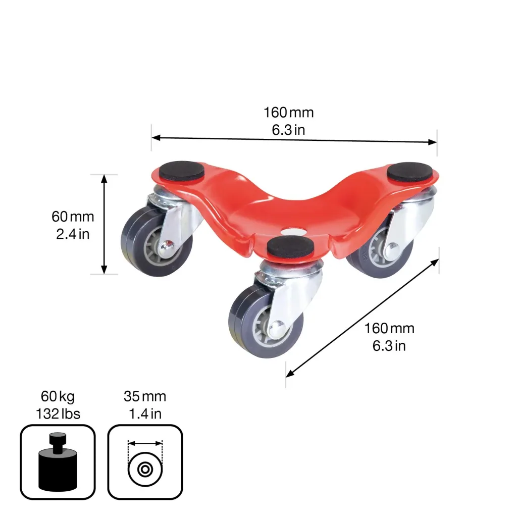 Transporthilfe MM 1193, 16 x 16 x 6 mm, softe Rollen Ø 35 mm, Stahl beschichtet, rot, Tragkraft 60 kg