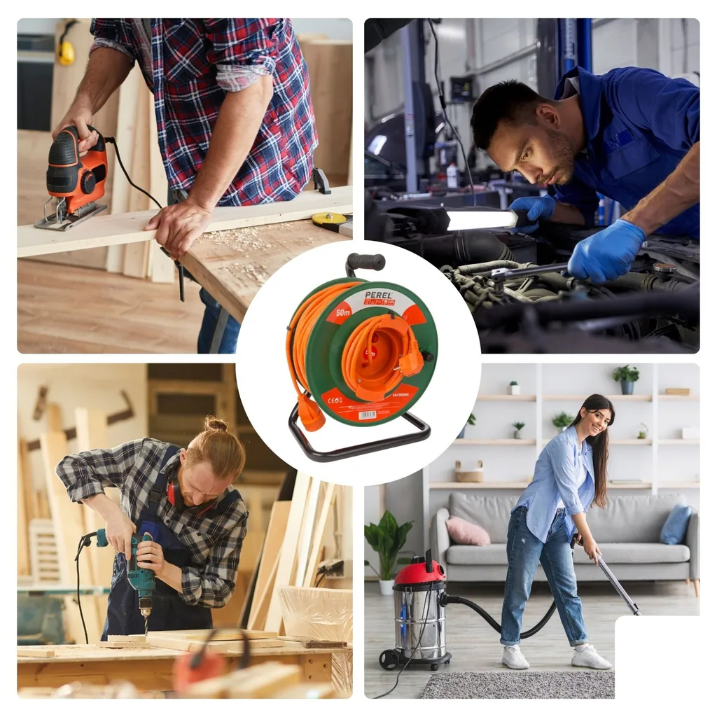 Kabeltrommel, für Innenbereich, französischer Erdungsstecker, Thermoschutz, Kabellänge 50 m, 3G1.5, orange/grün