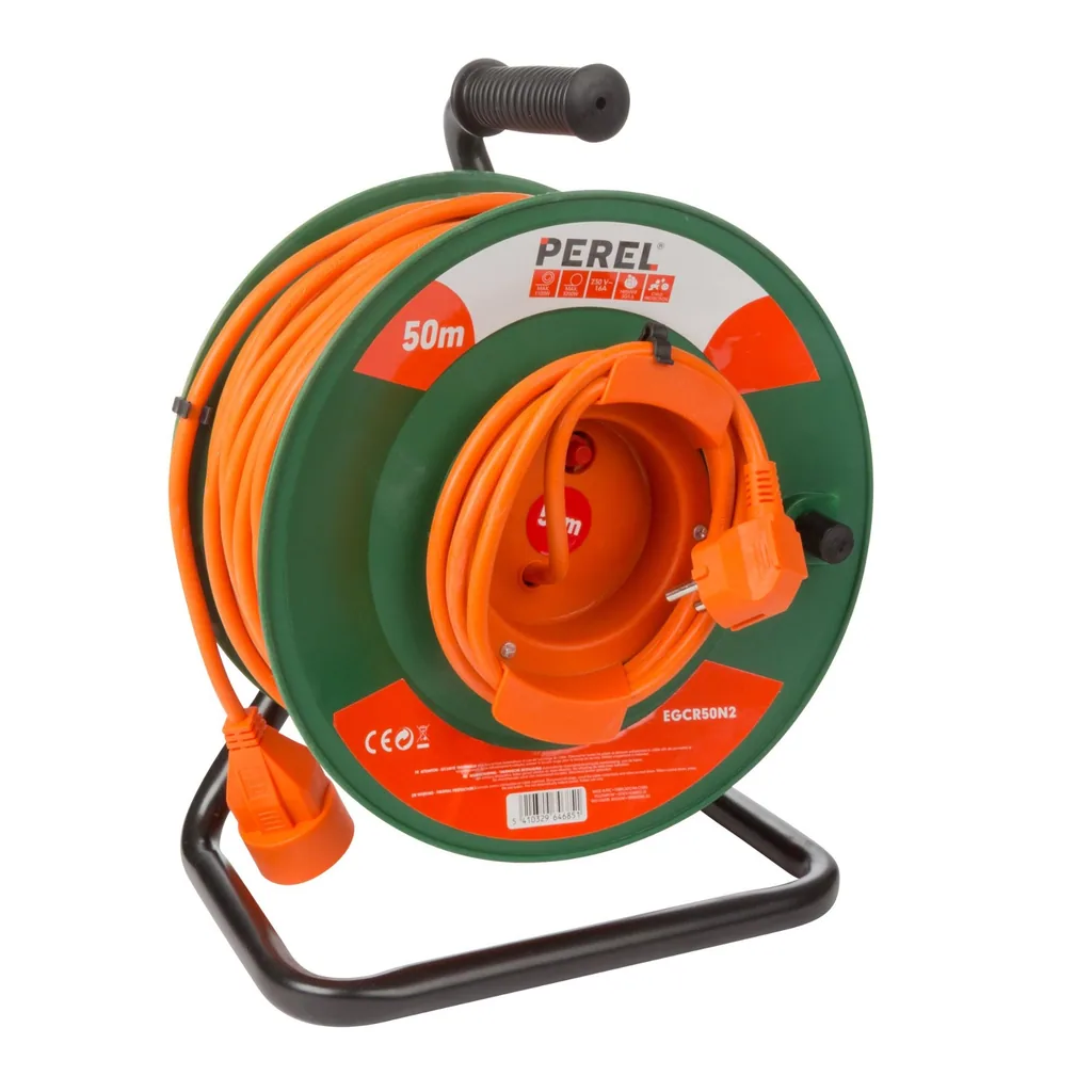 Kabeltrommel, für Innenbereich, französischer Erdungsstecker, Thermoschutz, Kabellänge 50 m, 3G1.5, orange/grün