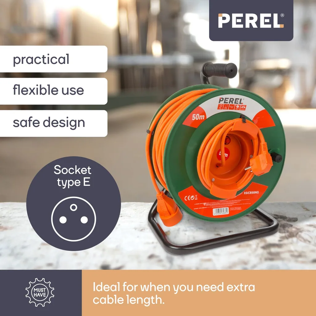 Kabeltrommel, für Innenbereich, französischer Erdungsstecker, Thermoschutz, Kabellänge 50 m, 3G1.5, orange/grün