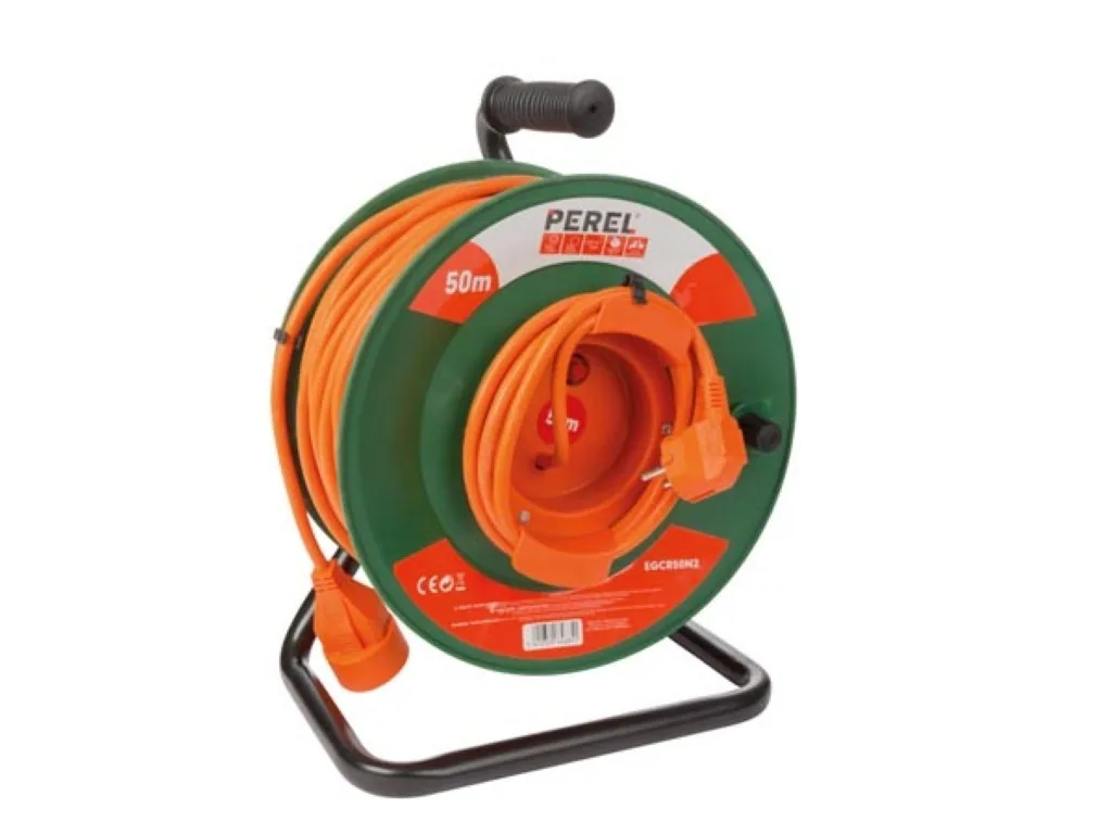Kabeltrommel, für Innenbereich, französischer Erdungsstecker, Thermoschutz, Kabellänge 50 m, 3G1.5, orange/grün