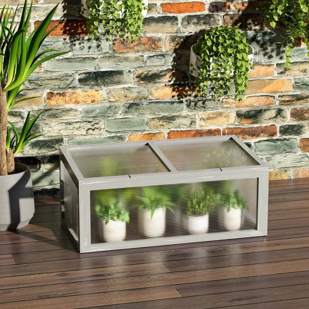 Mini-Gewächshaus, Holz + Polycarbonat, grau, 90 x 46 x 40 cm