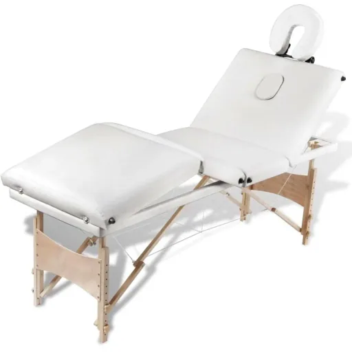 Zusammenklappbare Massageliege mit Holzgestell (vierteilig / cremeweiß)