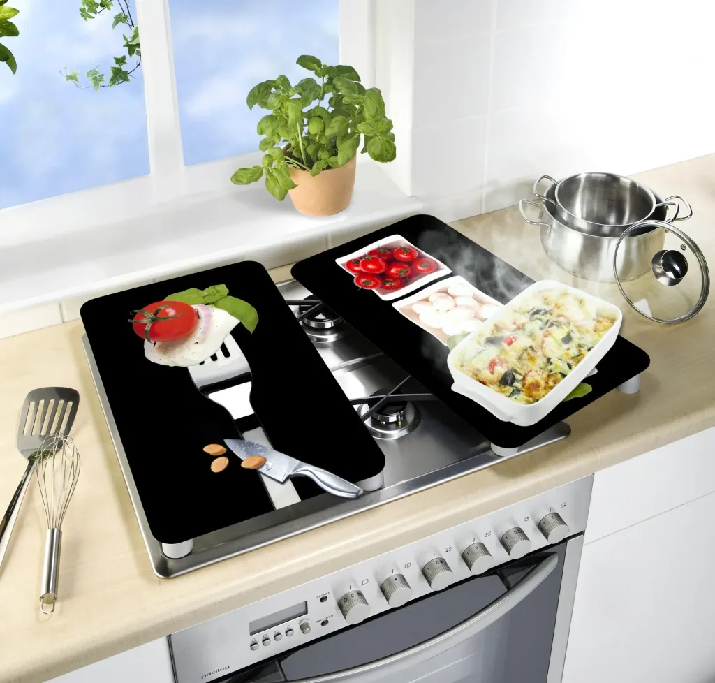3 in 1 Herd-Abdeckplatten, Schneidbretter, Arbeitsplatten, Glas, Caprese-Design, je 52 x 30 cm, 2er-Set