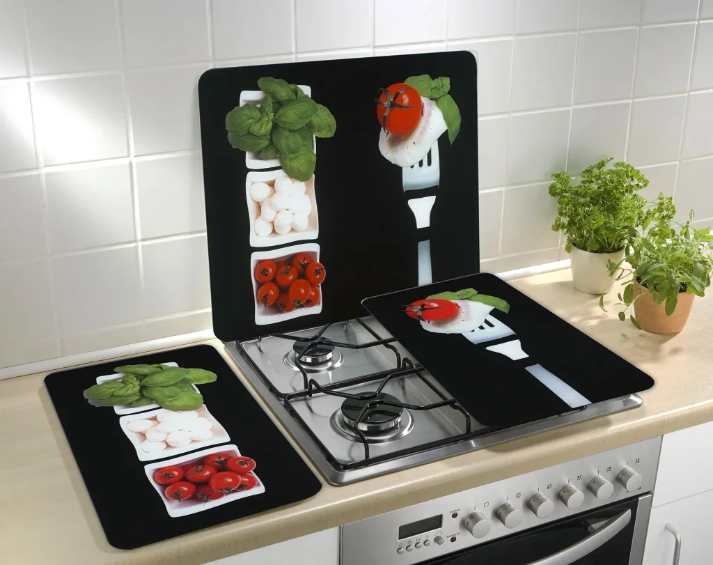 3 in 1 Herd-Abdeckplatten, Schneidbretter, Arbeitsplatten, Glas, Caprese-Design, je 52 x 30 cm, 2er-Set
