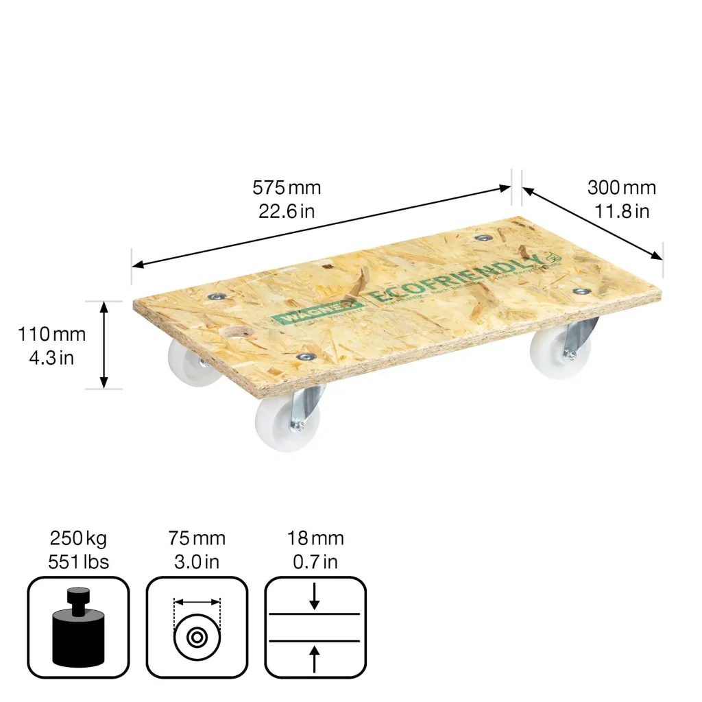 Transporthilfe MM 1141, 57,5 x 30 x 11 cm, harte Rollen Ø 75 mm, Rollenlager, OSB Platte, CO2-neutral, Tragkraft 250 kg