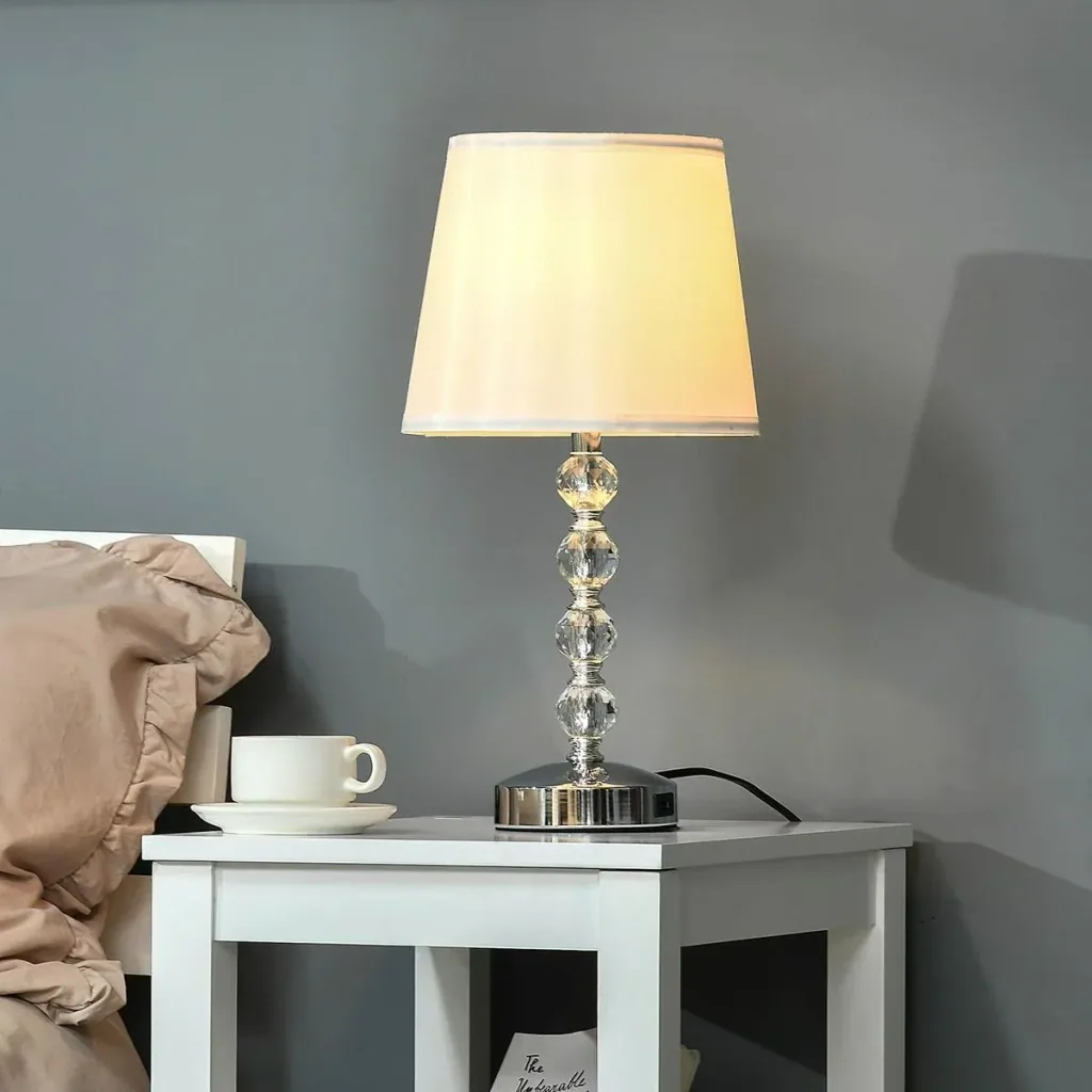 Nachttischlampe Kristall Tischlampe mit Schalter Touch Stoffschirm Tischleuchte E27-Fassung für Wohnzimmer Schlafzimmer