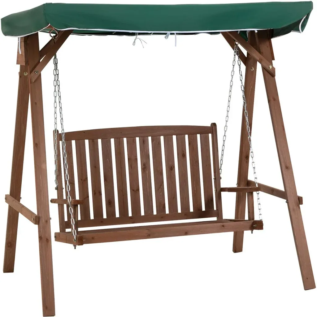 Gartenschaukel für 2 Personen, Hollywoodschaukel, Schaukelbank mit Dach, Massivholz, Grün, 160 x 120 x 165 cm